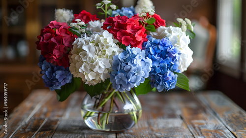 Patriotic floral arrangement with hydrangea in colors of American flag - red, blue, white. 4th of July table centerpiece, home decoration