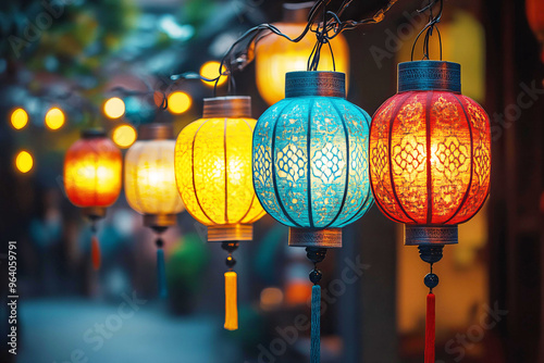 Garland of paper lanterns in street, Chinese Lunar New Year or Mid-Autumn Festival photo