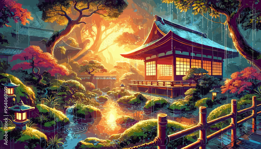 Obraz premium Temple precincts and gardens drenched in rain also enhance the unique beauty of Kyoto in autumn. Vector illustration.
