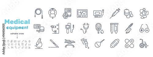 Medical equipment, devices, tools line icon set. Colonoscope, endoscope, tonomert, glucometer, scalpel, drip, enema, insulin pen, glasses, slit lamp vector illustration. Editable Strokes
