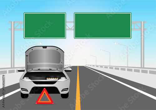 Car Breakdown with Open Hood on the Road. Broken Car. Vector Illustration. 