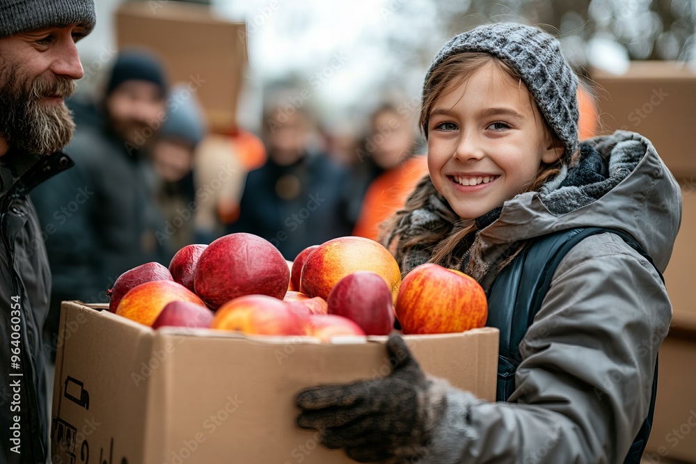 Fototapeta premium Little girl carrying a box full of red apples from food bank donation