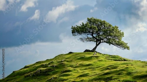 A solitary tree standing on a windswept hilltop, offering a sense of peace and solit  photo