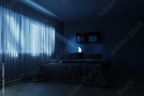 3D rendering of bedroom with cosy low bed at night with light rays through curtains