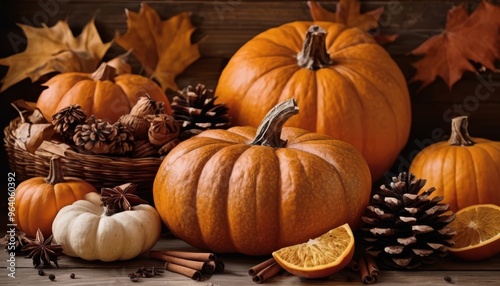 Autumn background with fallen maple leaves, fir cones and pumpkins on a vintage wooden table. Pumpkin for Thanksgiving.