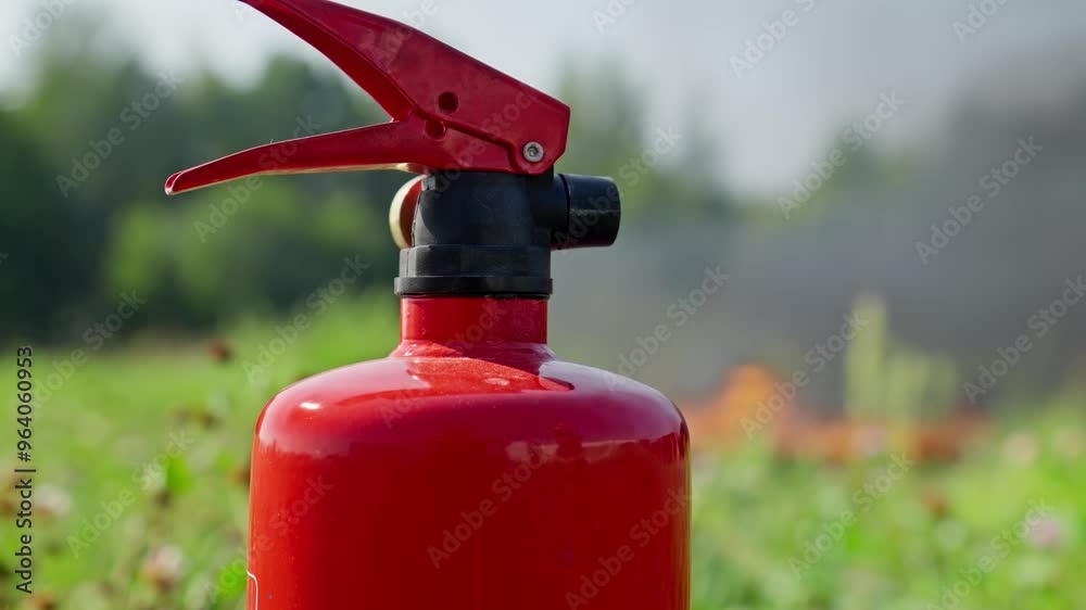 Red fire extinguisher stands ready, with blurred background of fire. Extinguisher is symbol of safety and preparedness. Learn how to effectively use fire extinguisher in outdoor environments. Red fire extinguisher stands ready, with blurred background of fire. Extinguisher is symbol of safety and preparedness. Learn how to effectively use fire extinguisher in outdoor environments.