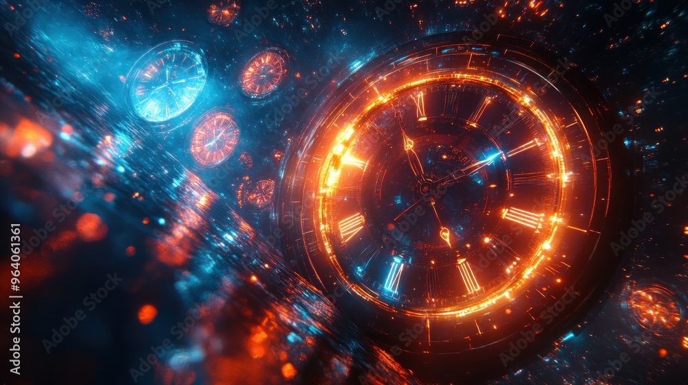 Obraz premium Abstract time limit scene with distorted timepieces and vibrant colors.