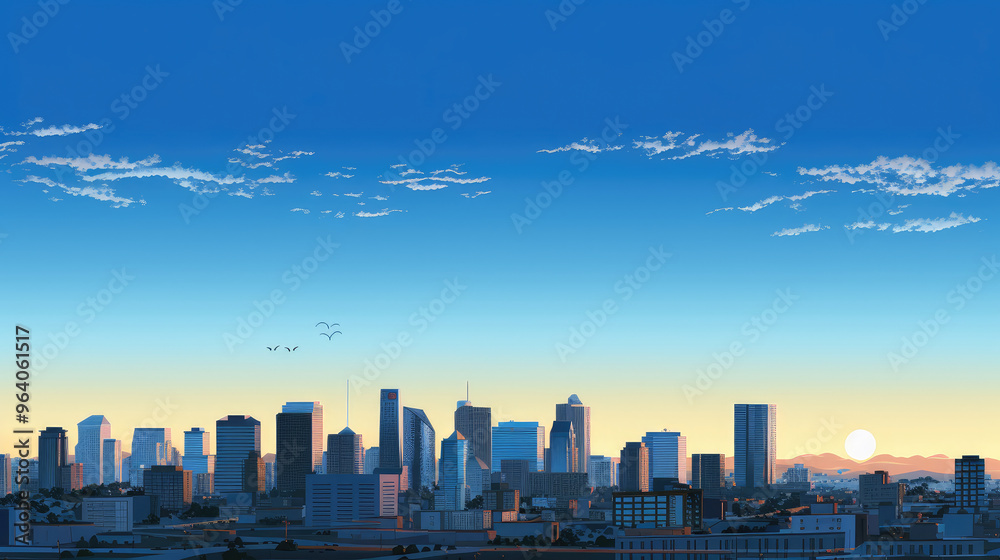 Fototapeta premium Serene City Sunrise with Mountains in the Background