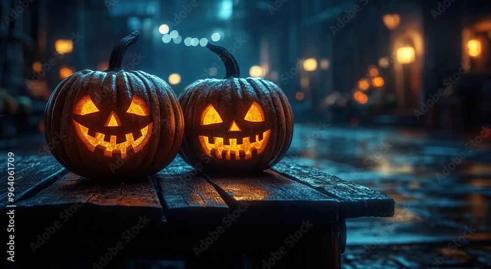 Halloween pumpkins with carved faces on a wooden table against a dark night city street background
Halloween pumpkins with carved faces on a wooden table against a dark night city street background