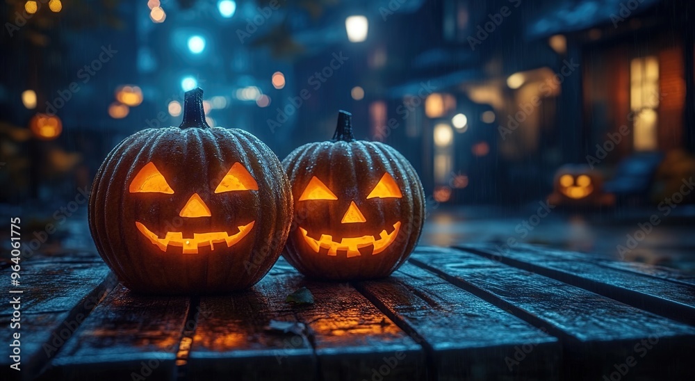 Halloween pumpkins with carved faces on a wooden table against a dark night city street background
Halloween pumpkins with carved faces on a wooden table against a dark night city street background