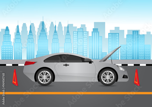Car Breakdown with Open Hood on the Road. Broken Car. Vector Illustration. 