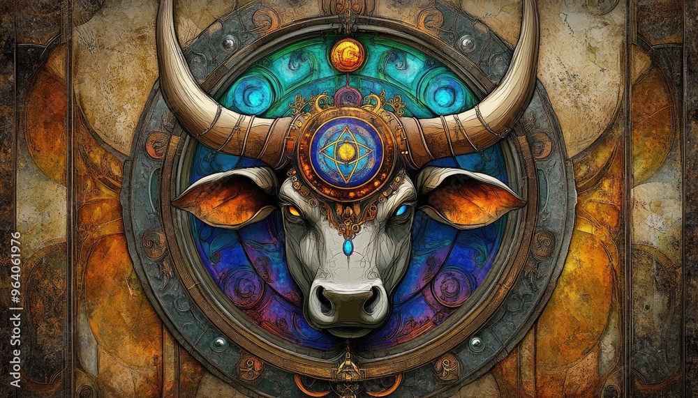 Obraz premium Fantasy illustration resembling stained glass featuring a steampunk design of the Taurus horoscope symbol in an oval format