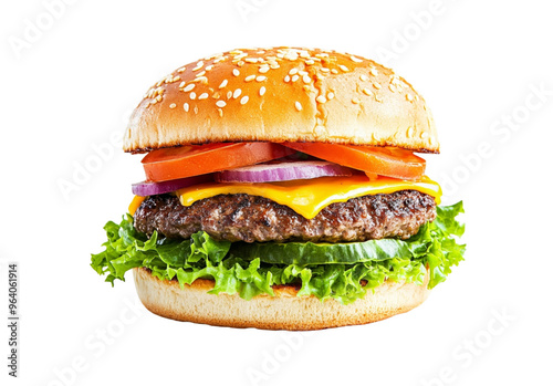 Beef hamburger with cheese and assorted vegetables. Transparent background image.