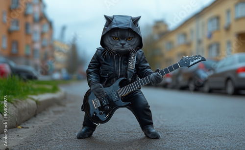 Scottish Fold dressed as a rock guitarist wearing a leather jacket generated by AI