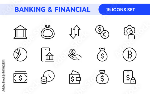 Banking and Financial Solutions Icons: A Professional Set for Financial Services, Banking Interfaces, Investment Tracking, Economic Planning, and Budgeting