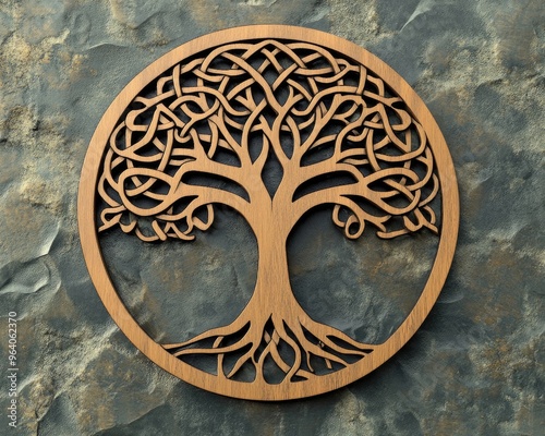 Celtic inspired circular oak tree design featuring roots and a rootless variant ideal for ecological presentations photo