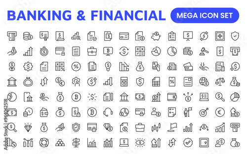 Banking and Financial Solutions Icons: A Professional Set for Financial Services, Banking Interfaces, Investment Tracking, Economic Planning, and Budgeting