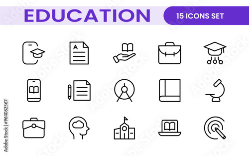 Education line icons collection. Big UI icon set in a flat design. Thin outline icons pack. Thin line icons set of academic subjects and education. Outline symbol collection.