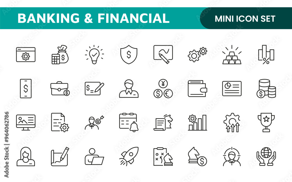 Banking and Financial Solutions Icons: A Professional Set for Financial Services, Banking Interfaces, Investment Tracking, Economic Planning, and Budgeting Banking and Financial Solutions Icons: A Professional Set for Financial Services, Banking Interfaces, Investment Tracking, Economic Planning, and Budgeting