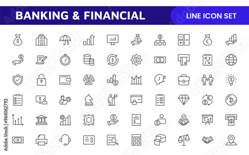 Banking and Financial Solutions Icons: A Professional Set for Financial Services, Banking Interfaces, Investment Tracking, Economic Planning, and Budgeting