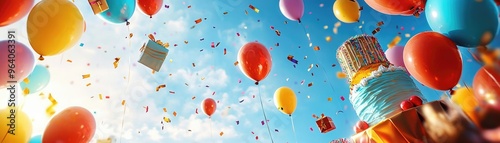 A family celebrating a birthday party with balloons, cake, and gifts, creating a joyful and colorful scene photo