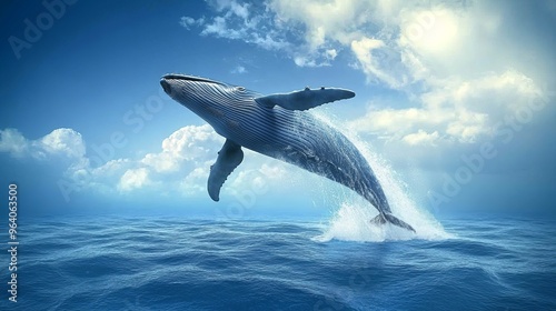 A humpback whale leaps out of the water, creating a splash of water.