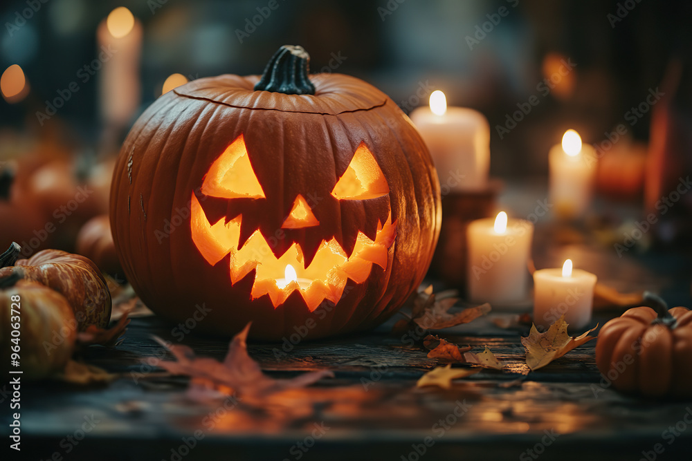 Glowing jack-o'-lantern with flickering candle for Halloween night Glowing jack-o'-lantern with flickering candle for Halloween night