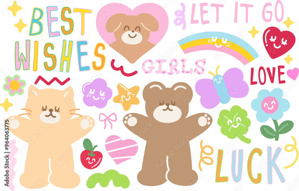 Teddy bear, cat, puppy, butterfly, flowers, star, heart, apple, rainbow, clover leaf for cartoon character, card print, animals, zoo, souvenir shop, cute patch, print, standee, toy, doll, best wishes Teddy bear, cat, puppy, butterfly, flowers, star, heart, apple, rainbow, clover leaf for cartoon character, card print, animals, zoo, souvenir shop, cute patch, print, standee, toy, doll, best wishes
