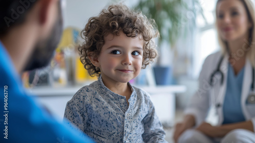 A young child smiles during a pediatric consultation, with a doctor and parent nearby, creating a warm and trusting atmosphere.