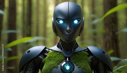 A striking image of a futuristic robot with glowing blue eyes standing amidst a dense forest. The contrast of advanced technology and nature evokes themes of harmony and coexistence in a sci-fi photo