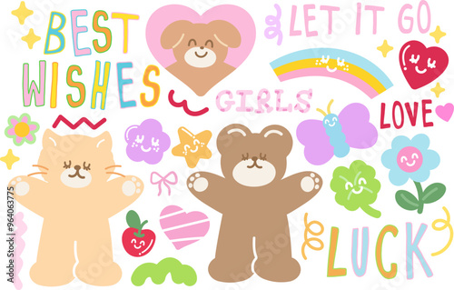 Teddy bear, cat, puppy, butterfly, flowers, star, heart, apple, rainbow, clover leaf for cartoon character, card print, animals, zoo, souvenir shop, cute patch, print, standee, toy, doll, best wishes