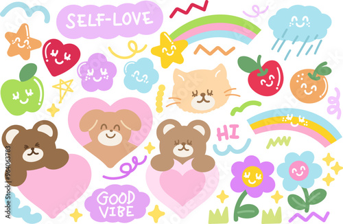 Teddy bear, cat, puppy, flower, star, heart, apple, orange, rainbow for cartoon character, card print, animal lover, zoo, souvenir shop, cute patch, print, standee, toy, doll, pet shop, fruit, sticker