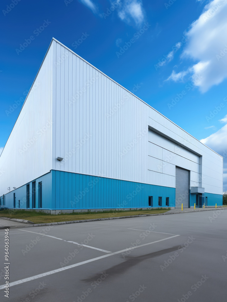 Large Industrial Warehouse with Blue Accents Against Cloudy Sky Large Industrial Warehouse with Blue Accents Against Cloudy Sky