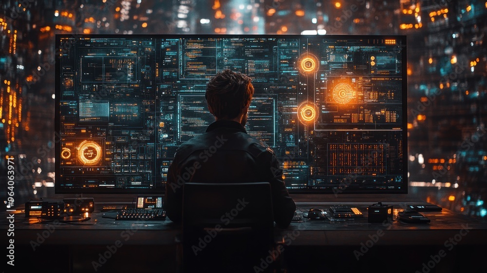 A person seated before a futuristic data display, analyzing information. A person seated before a futuristic data display, analyzing information.