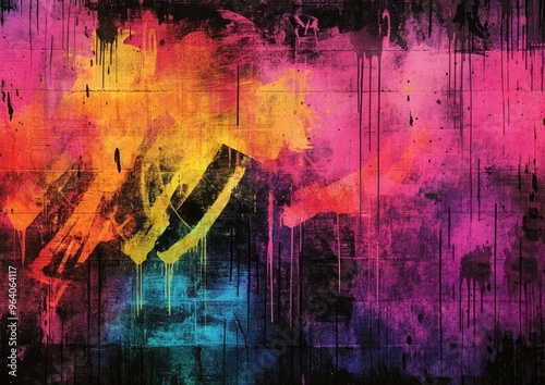Vibrant grunge texture featuring hip hop graffiti art with a tie dye effect Includes a black brush element and a lively neon graffiti wall design