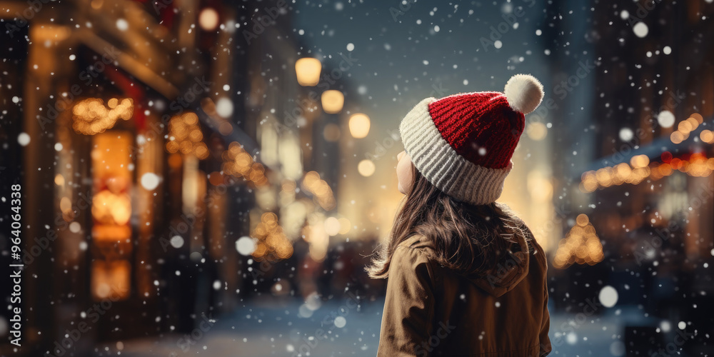 Naklejka premium Happy girl wearing a santa hat is gazing upat a storefront decorated for christmas as snow falls on a winter evening. Happy New Year and Merry Christmas!