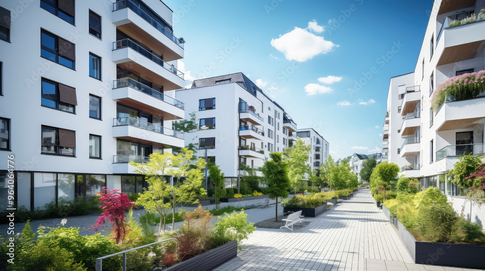Fototapeta premium Modern Apartment Complex with Landscaped Courtyard
