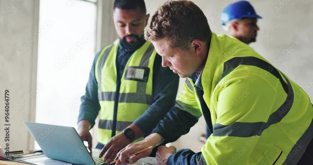 Teamwork, planning and architecture with people and laptop for construction site, blueprint and building renovation. Collaboration, project management and engineering with contractor for design