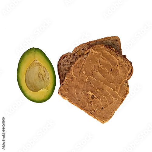 sandwich with avocado sliced avocado, and peanut butter on it isolated on white background top view