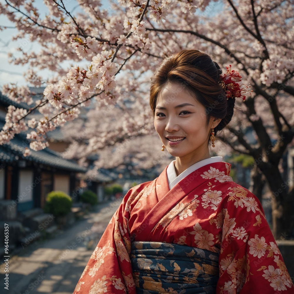 Young Japanese woman wearing traditional red and blue kimono, standing in front of blooming cherry blossom trees Young Japanese woman wearing traditional red and blue kimono, standing in front of blooming cherry blossom trees