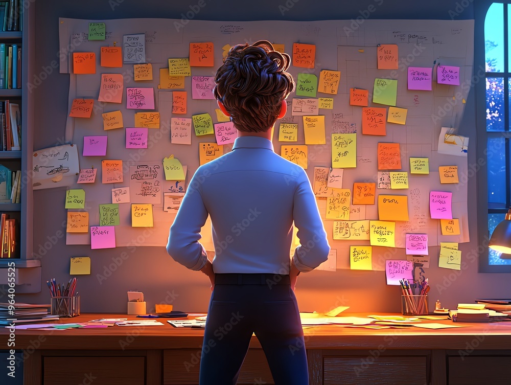 A person in a blue shirt and black pants stands in front of a whiteboard covered in colorful sticky notes A person in a blue shirt and black pants stands in front of a whiteboard covered in colorful sticky notes