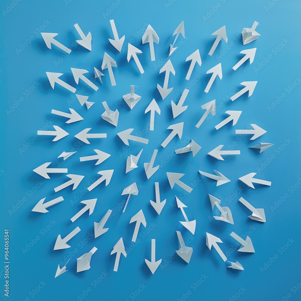 Multiple white arrows pointing in various directions on a blue background. Concept of choice, decisions, paths, and directions in life. Multiple white arrows pointing in various directions on a blue background. Concept of choice, decisions, paths, and directions in life.