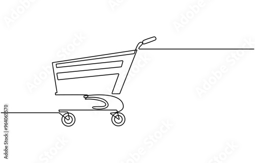 Shopping cart continuous one art line drawing. Online shopping in store. Trolley shopping cart business concept, Single continuous line drawing of a shopping cart photo