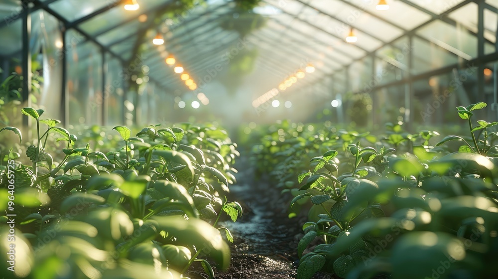 Inside modern vegetable greenhouse, digital rays. Generative AI. Inside modern vegetable greenhouse, digital rays. Generative AI.