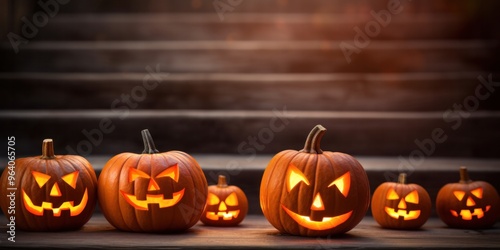 Jack-o'-Lanterns background Arrange in rows on the railing. Free space at the top for desired text.