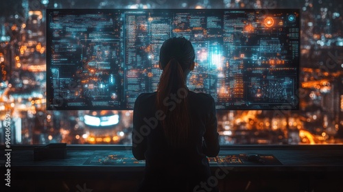 Person working at a high-tech control station with city view.