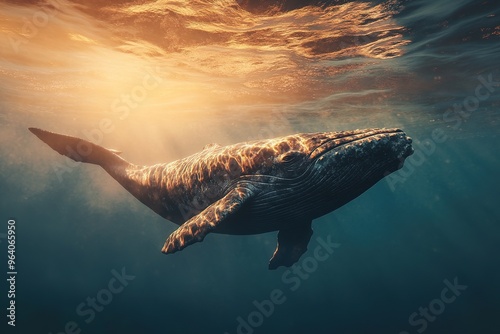 Majestic Whale Swimming in the Ocean with Sunlight Breaking Through Water photo