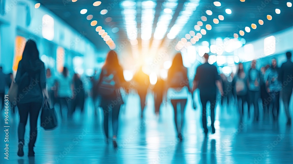 Blurred people walking in a corridor. Use this image for a busy public space or a bustling city background. Blurred people walking in a corridor. Use this image for a busy public space or a bustling city background.