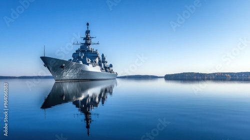 Big gray modern warship in the sea clear blue sky