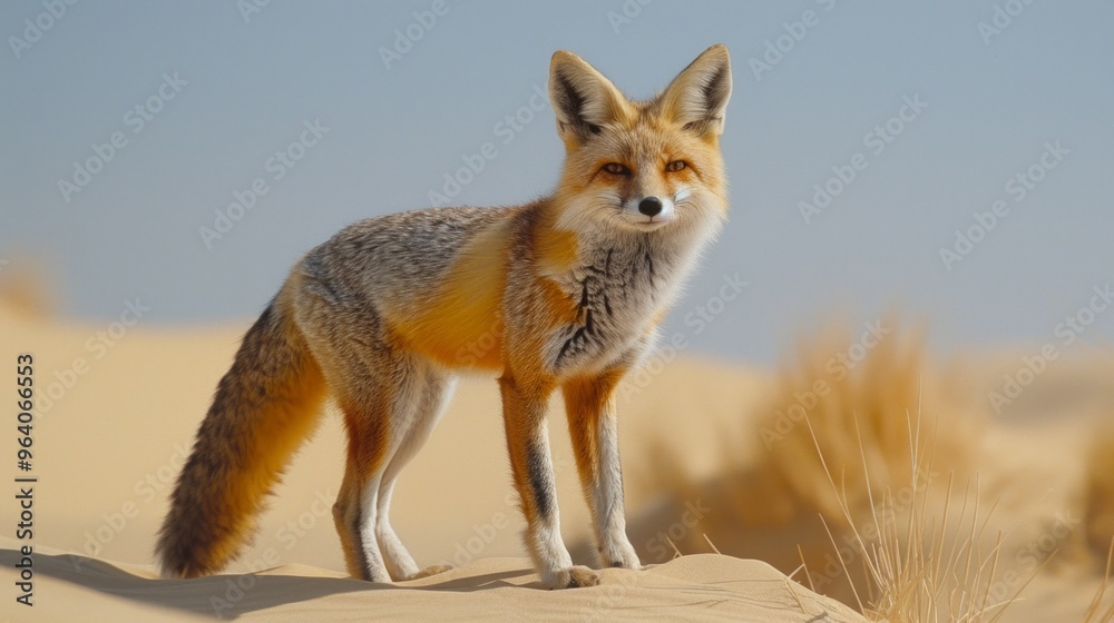 Desert fox standing on a sand dune with a clear blue sky, isolated white background, ideal for dynamic and natural visuals, AI Generative Desert fox standing on a sand dune with a clear blue sky, isolated white background, ideal for dynamic and natural visuals, AI Generative